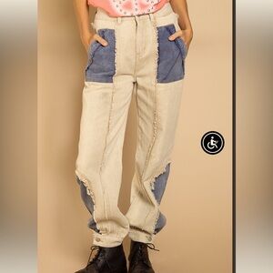 POL Beige and Blue Patchwork Pants